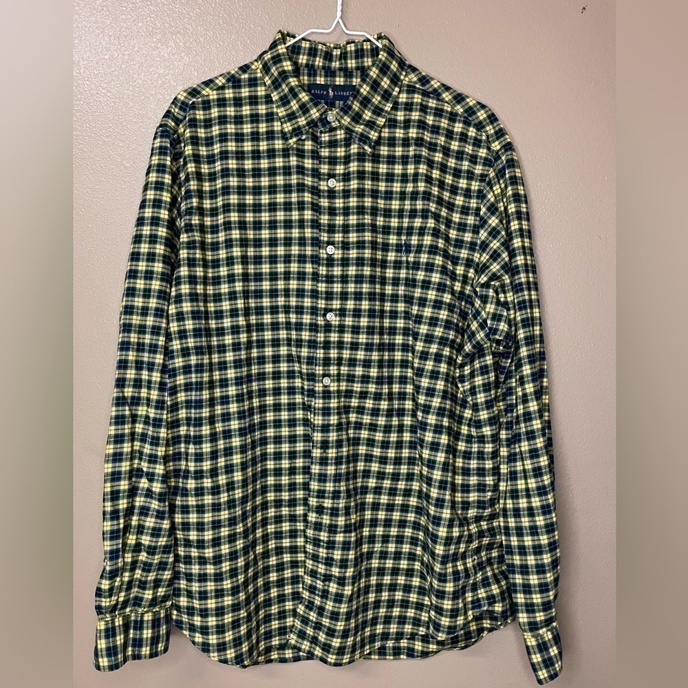 Ralph Lauren Polo Mens Formal Shirt Yellow Blue Plaid Size XL